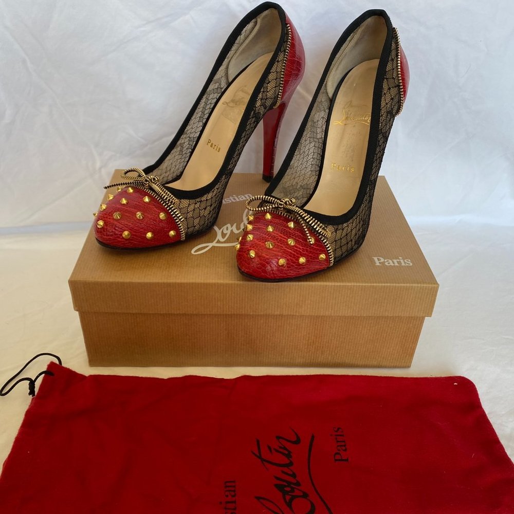 Christian Louboutin Red Ostrich Red Spiked Lace Pumps